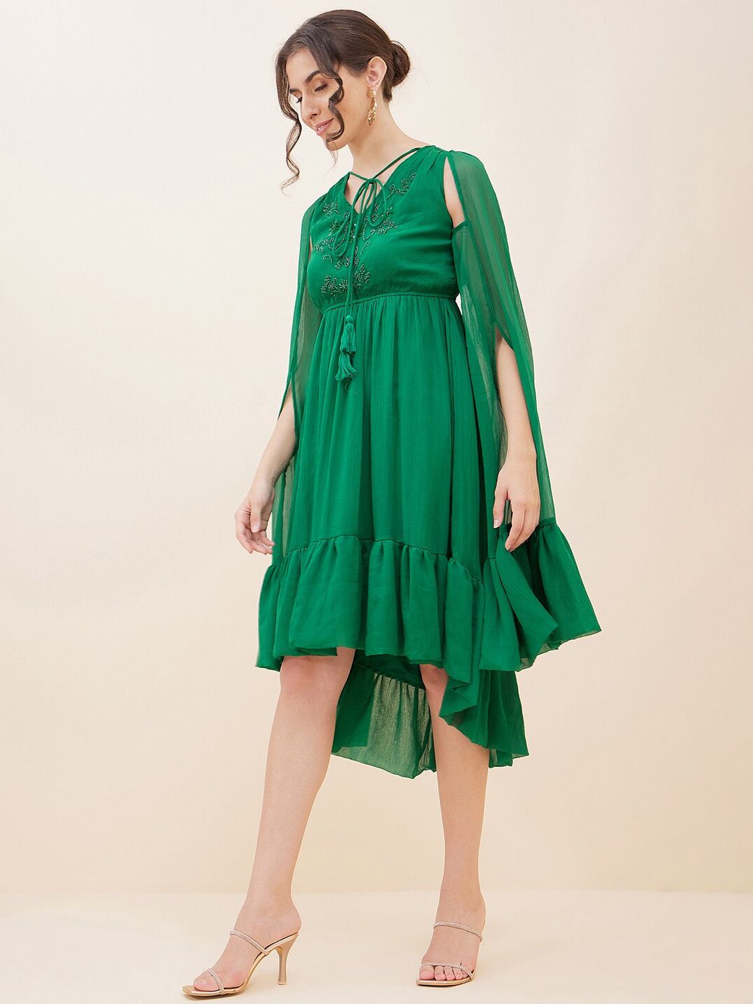 Antheaa Embellished Tie-Up Neck Bell Sleeves Empire Midi Dress