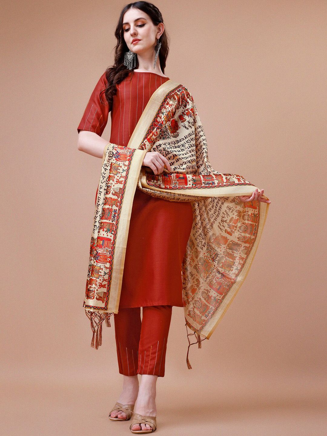 KALINI Striped Embroidered Boat Neck Straight Kurta With Trousers & Dupatta