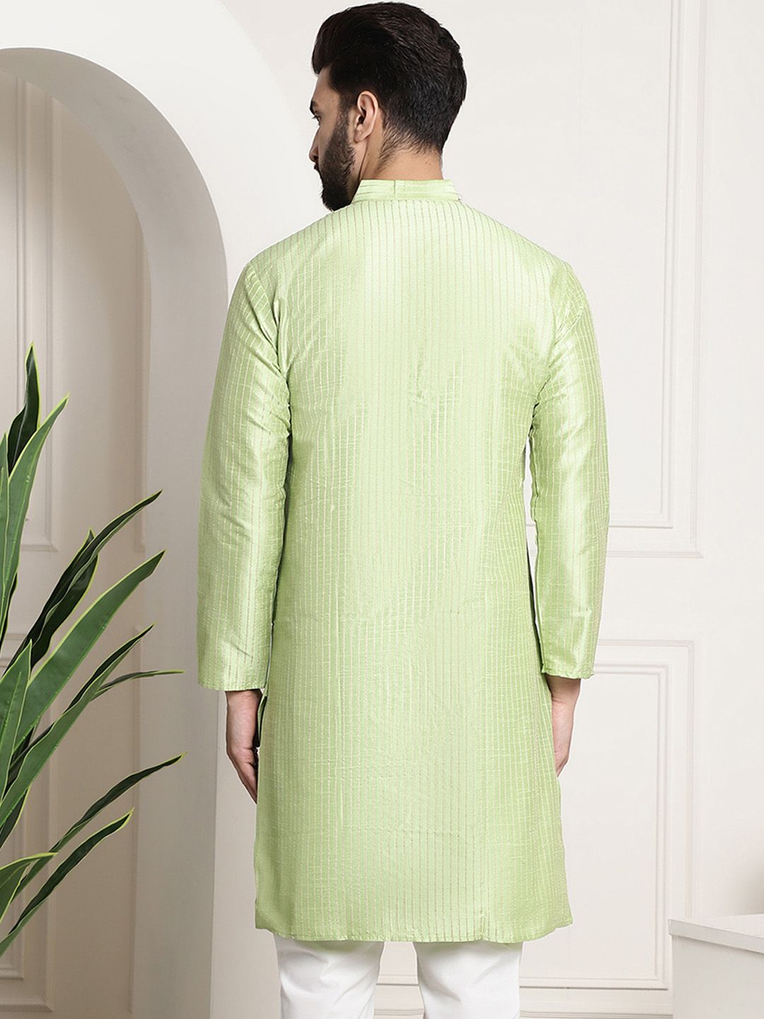 SOJANYA Striped Band Collar Long Sleeves Straight Kurta