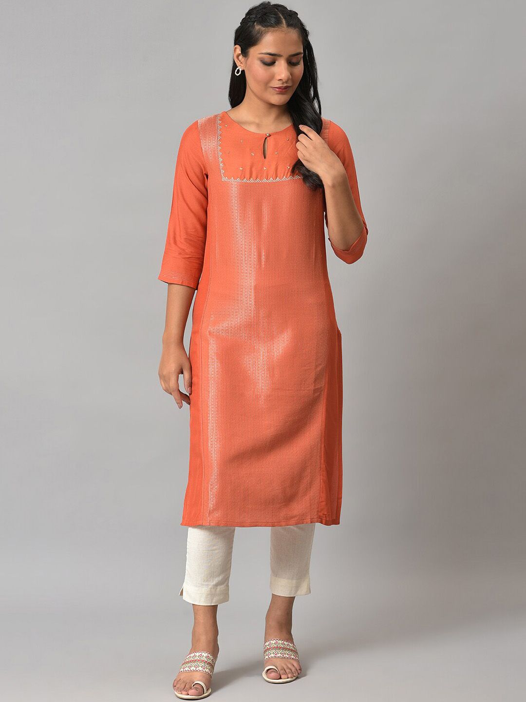 W Embellished Keyhole Neck Three-Quarter Sleeves Embellished Cotton Kurta