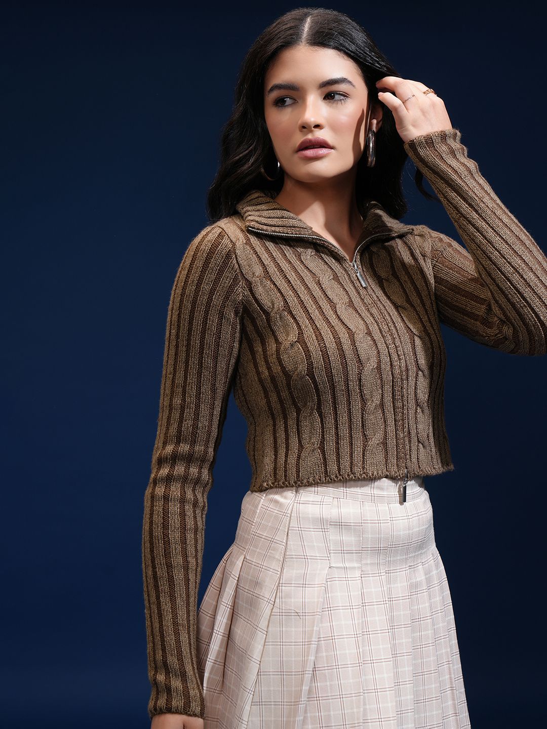 Tokyo Talkies Women Cable Knit Crop Cardigan with Zip Detail
