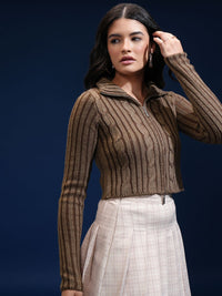 Tokyo Talkies Women Cable Knit Crop Cardigan with Zip Detail