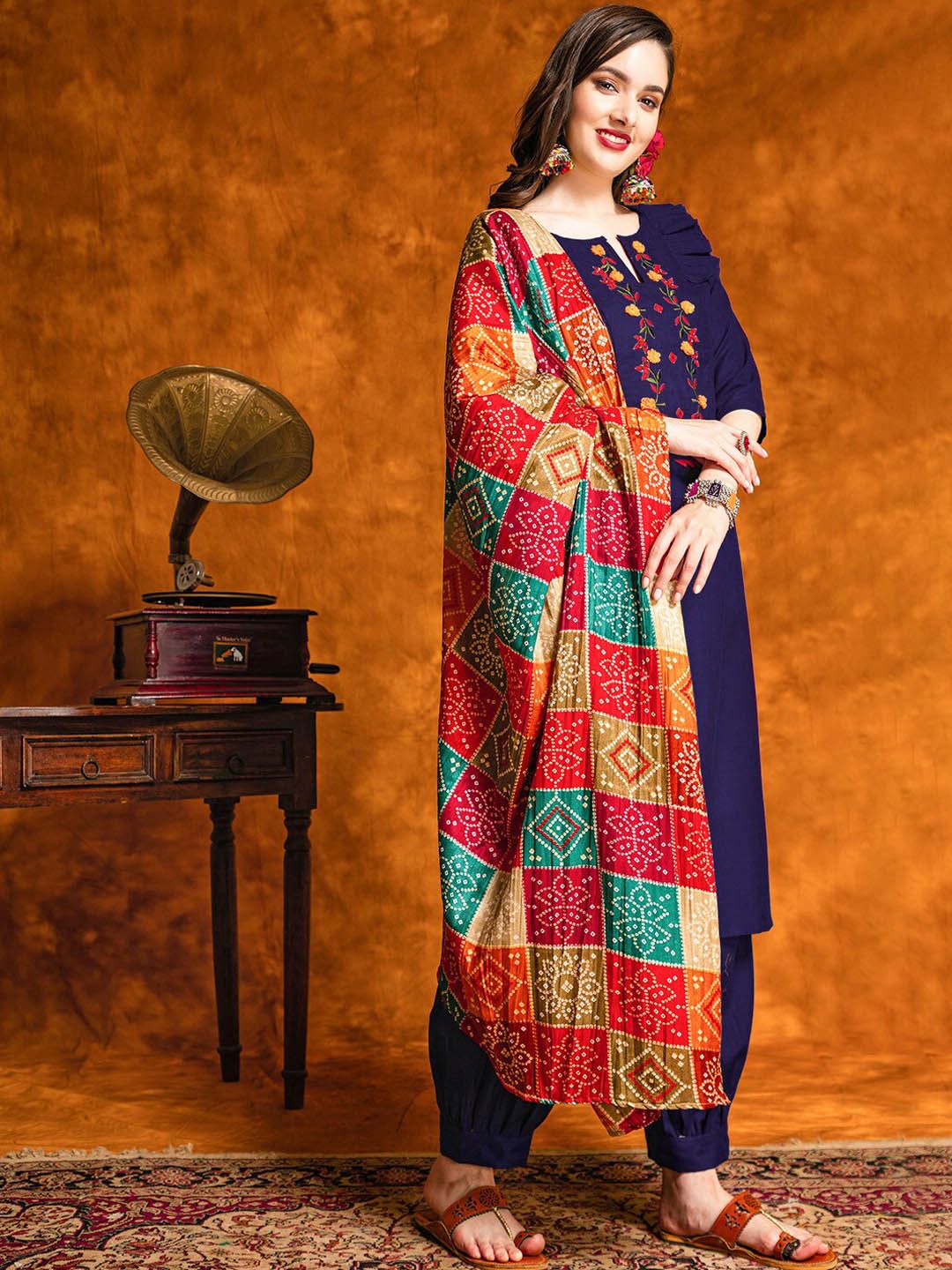 KALINI Floral Embroidered Mirror Work Straight Kurta With Salwar & Dupatta