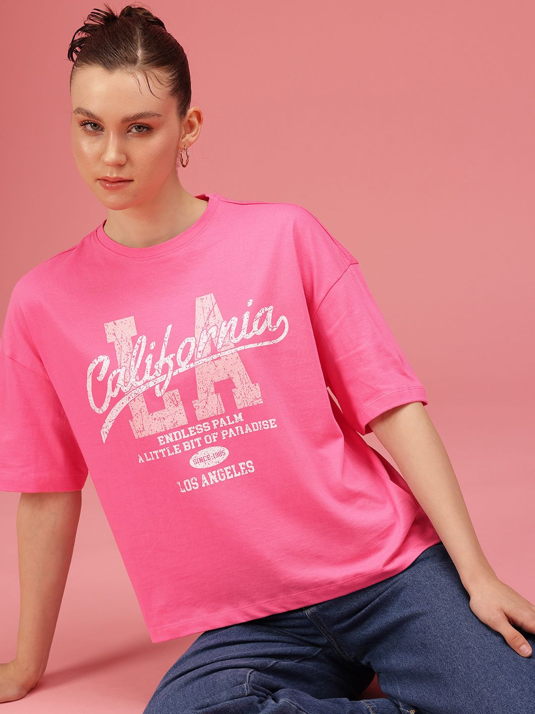 DressBerry Typography Printed Drop-Shoulder Sleeves Relaxed Fit Pure Cotton T-shirt