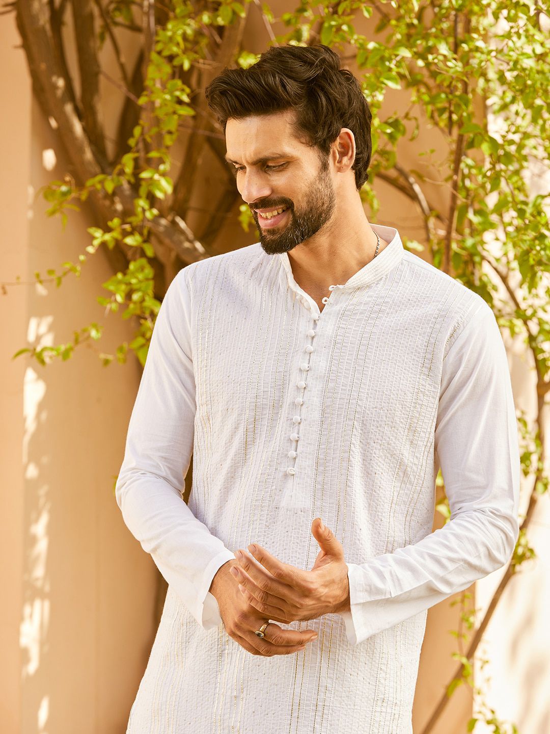 See Designs Mandarin Collar Long Sleeves Sequined Straight Kurta with Pyjama