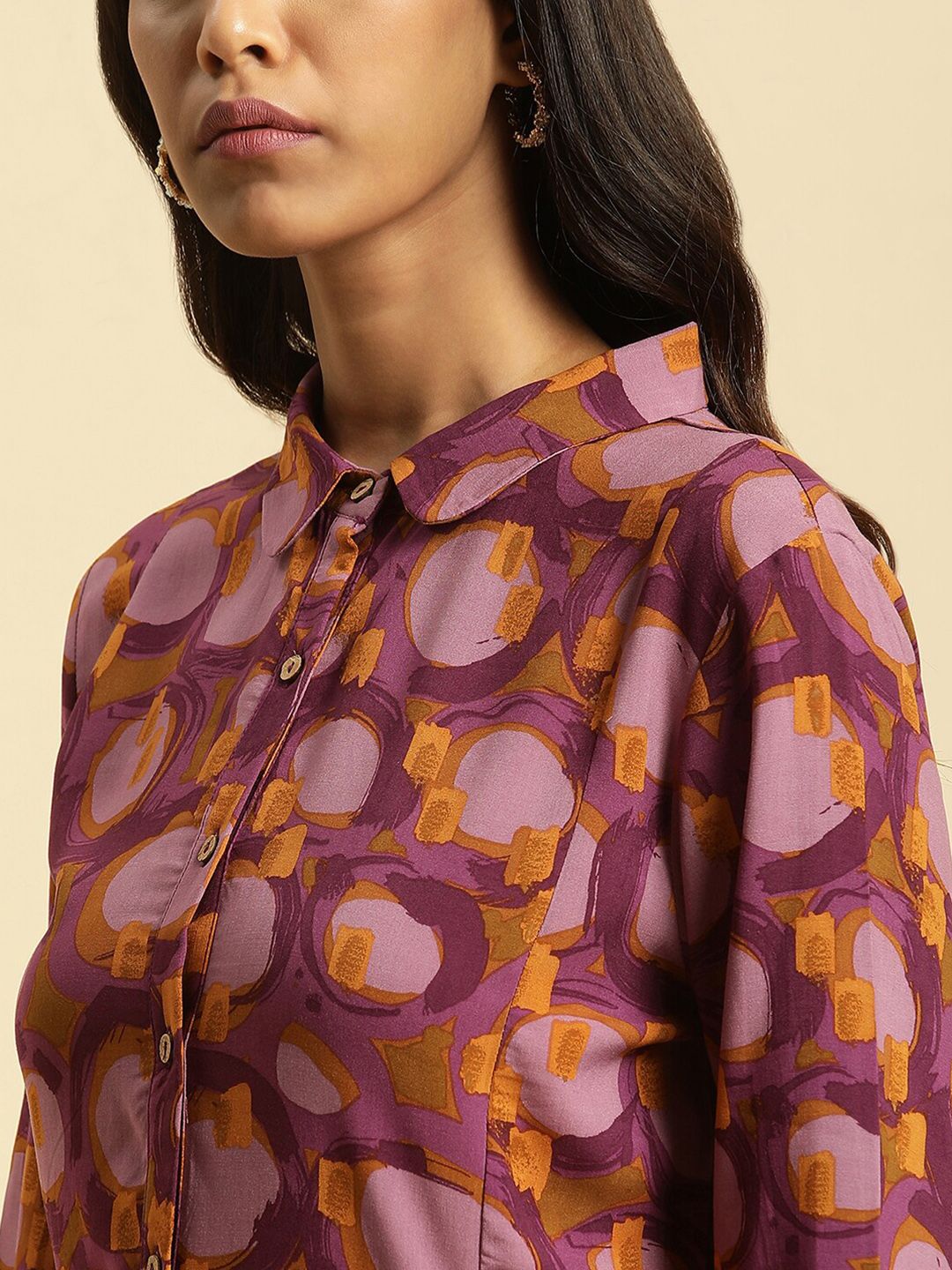 W Floral Printed Shirt Collar Cuffed Sleeves Shirt Style Dress