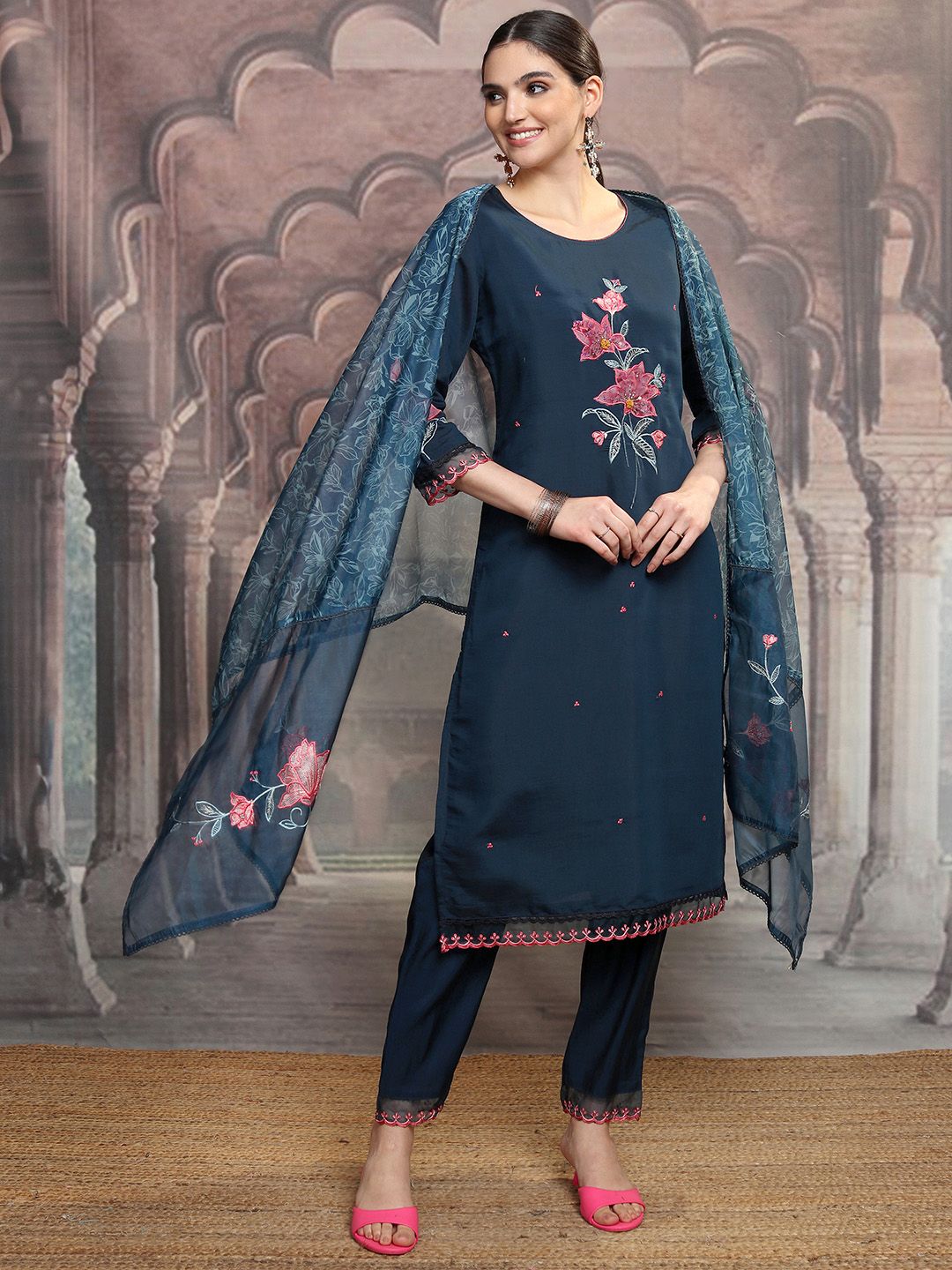 Vishudh Navy Blue Floral Embroidered Thread Work Straight Kurta With Trousers & Dupatta