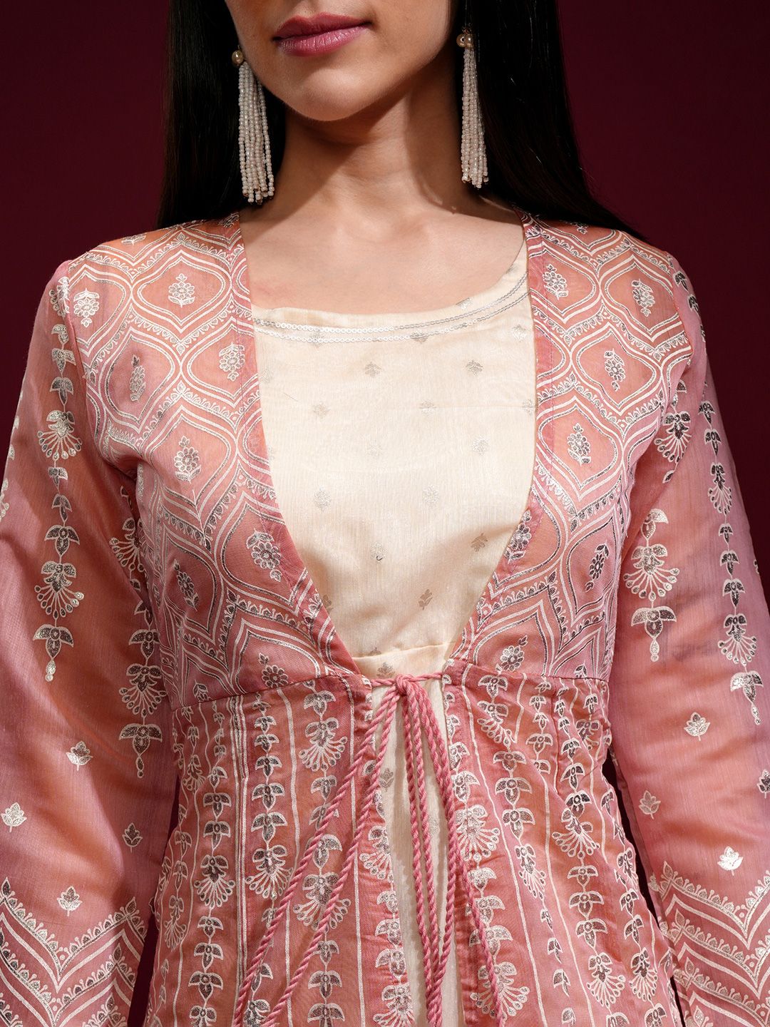 Vishudh Peach-Coloured Ethnic Motifs Layered Ethnic Maxi Dress With Jacket