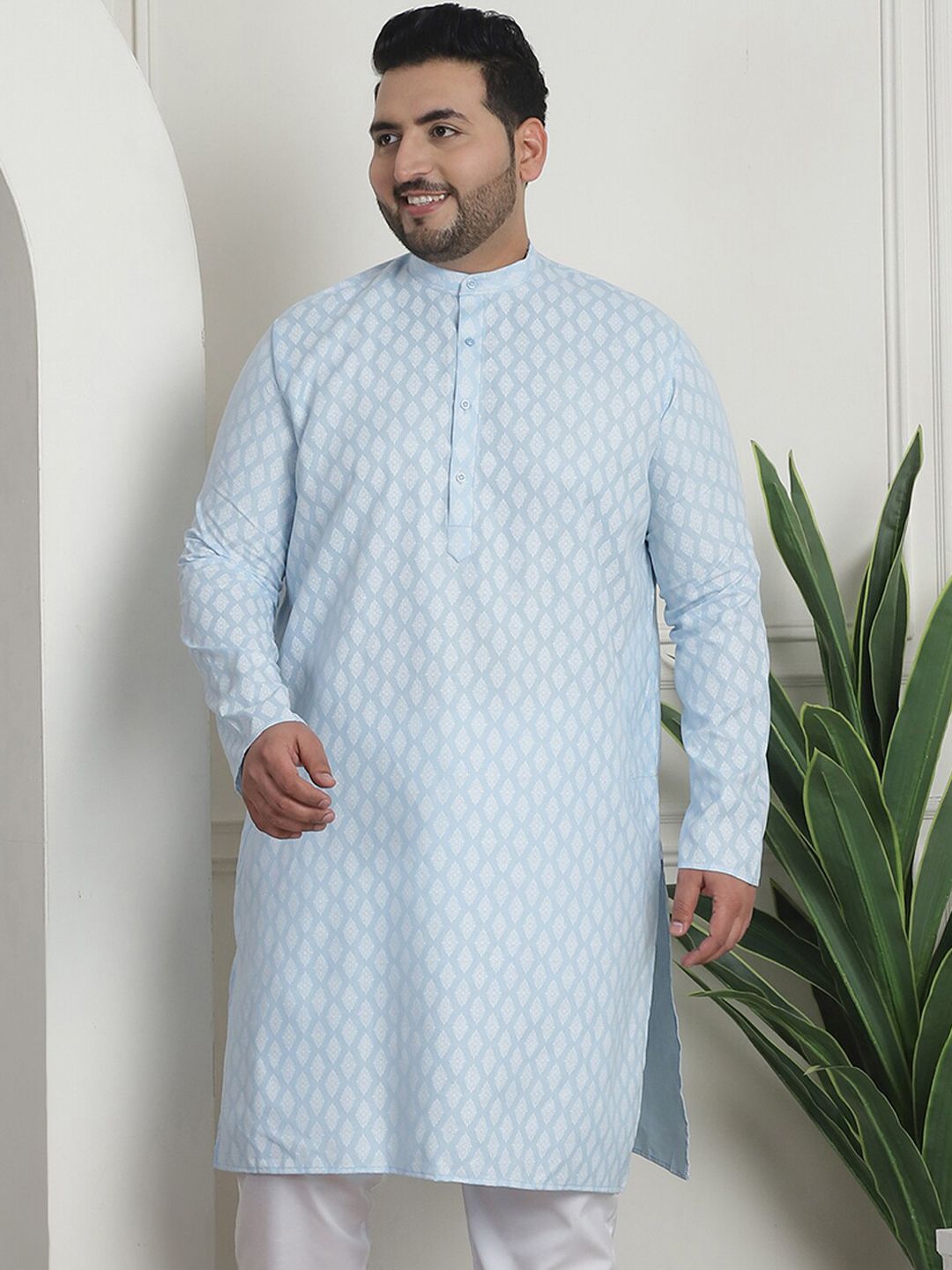 SOJANYA PLUS PLus Size Ethnic Motifs Printed Band Collar Long Sleeves Straight Kurta