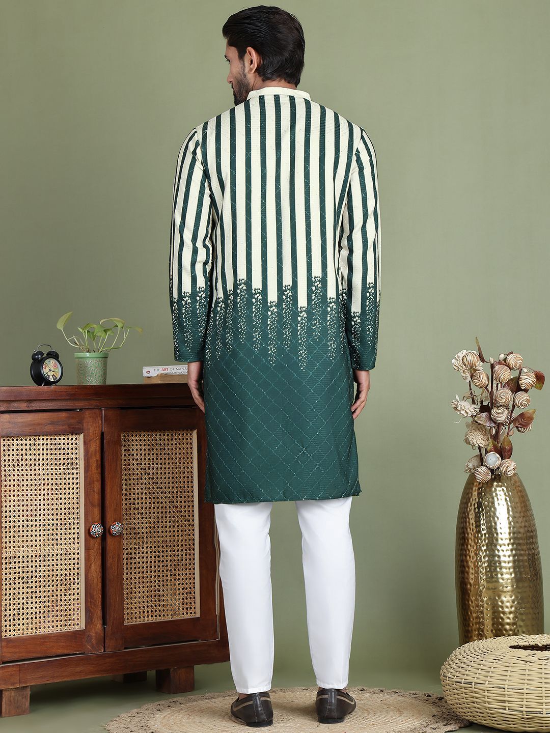Jompers Striped Printed Band Collar Straight Kurta With Trouser