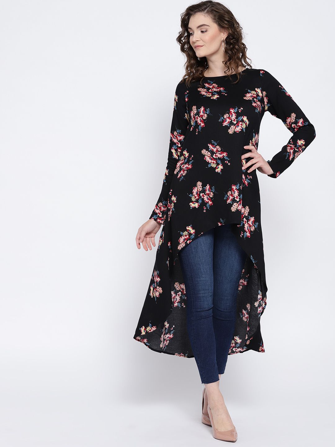 Berrylush Black Floral High-Low Trapeze Top