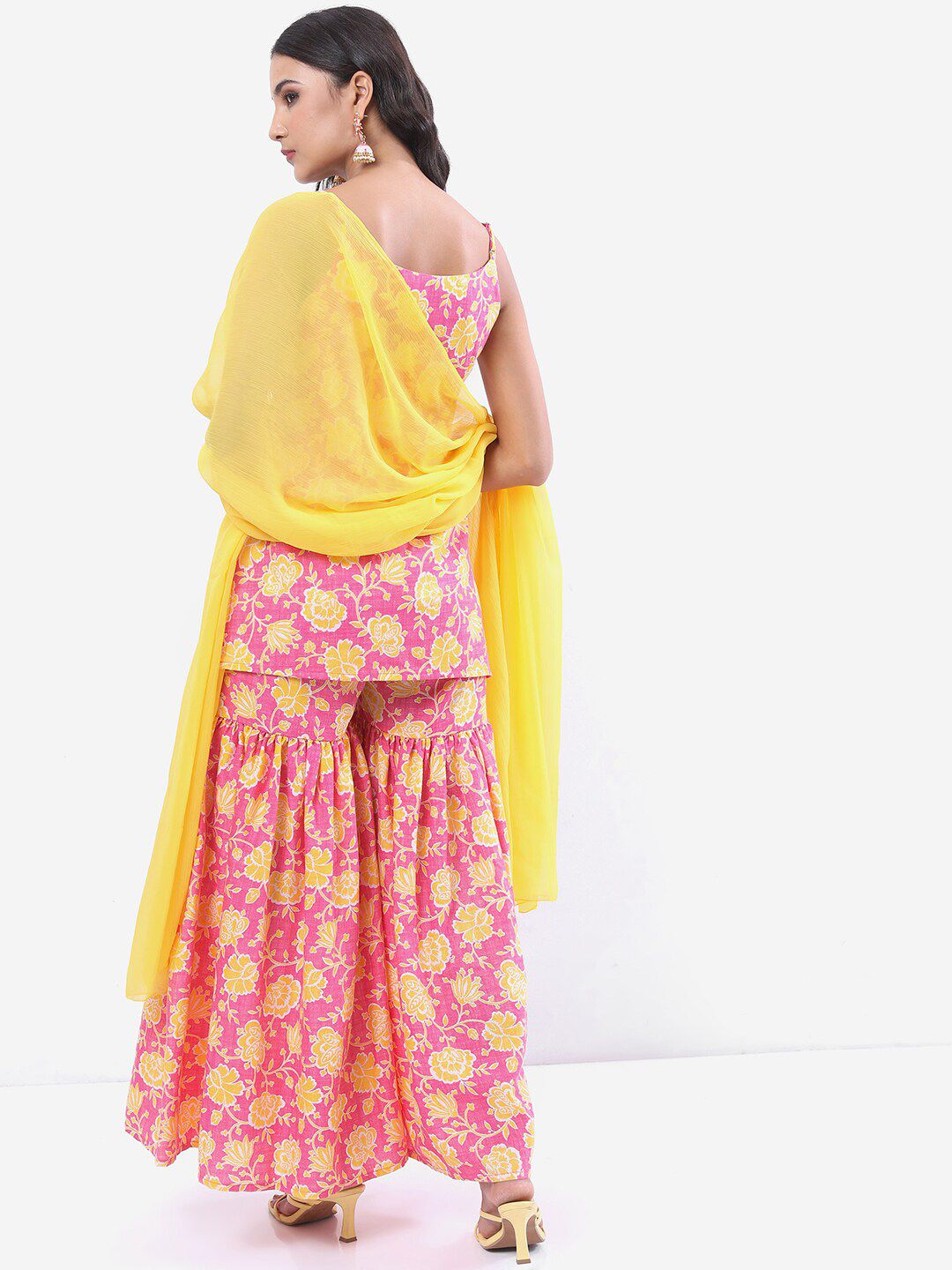 Vishudh Pink &amp; Yellow Floral Printed Shoulder Straps Kurti With Sharara &amp; Dupatta