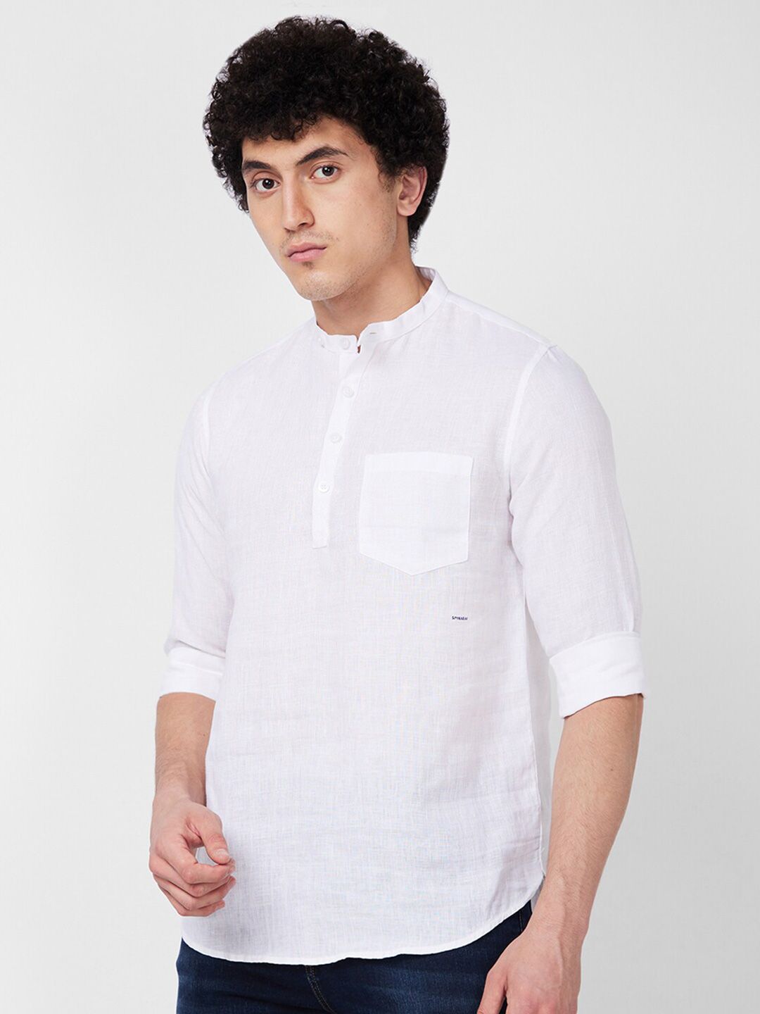 SPYKAR Mandarin Collar Long Sleeves Casual Linen Shirt
