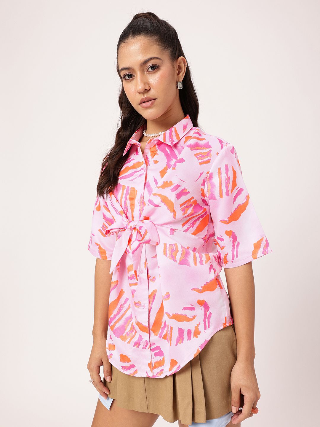 DressBerry Artistic & Intricate Printed Shirt With Waist Tie-Up