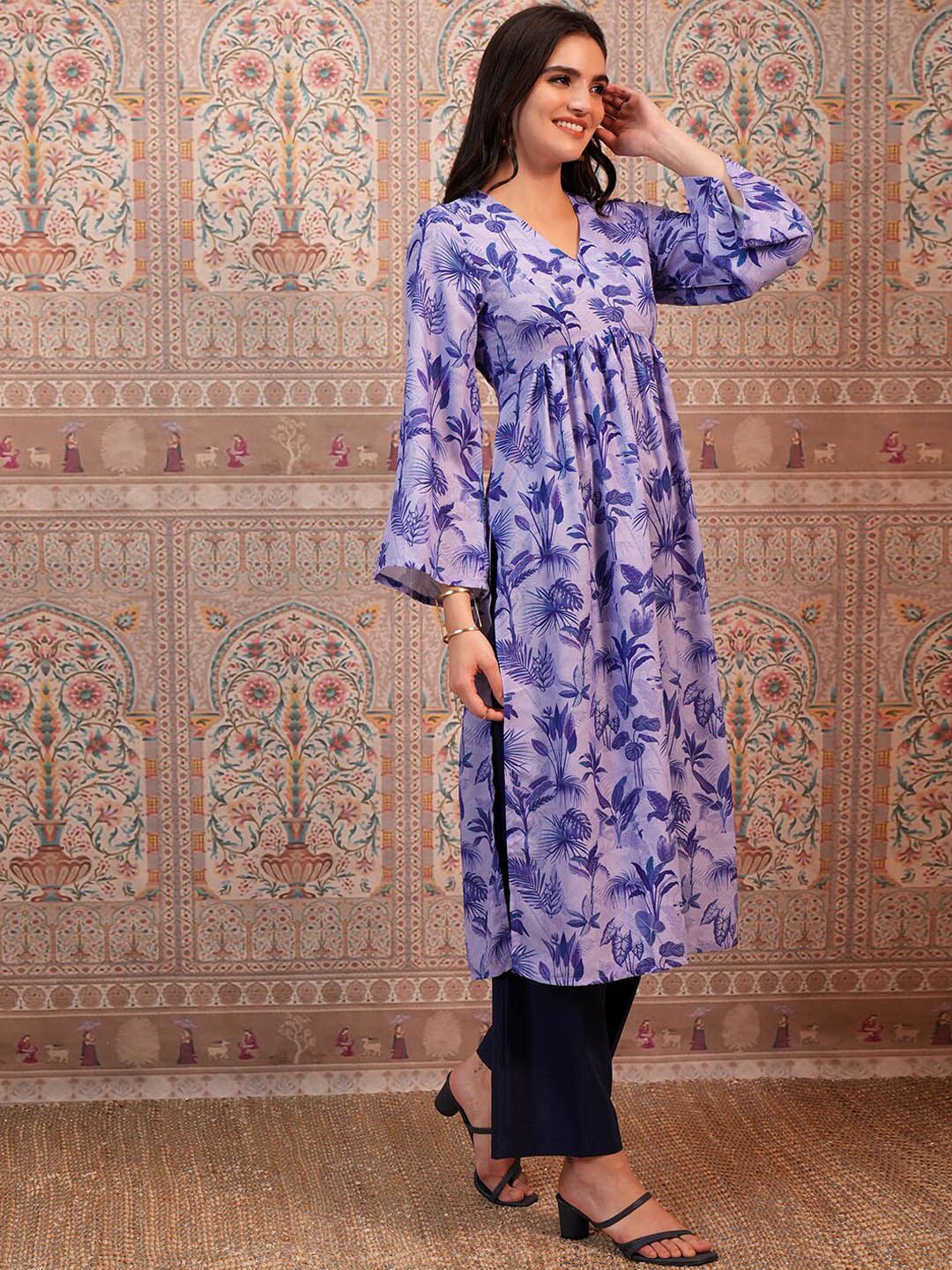 Vishudh Lavender Floral Printed A-Line Kurta
