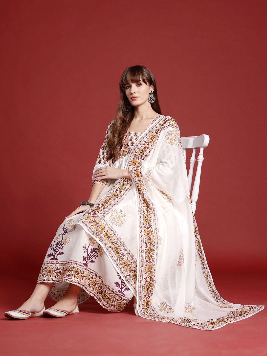 Indo Era Ethnic Motifs Printed Empire Mirror Work Pure Cotton Kurta Set