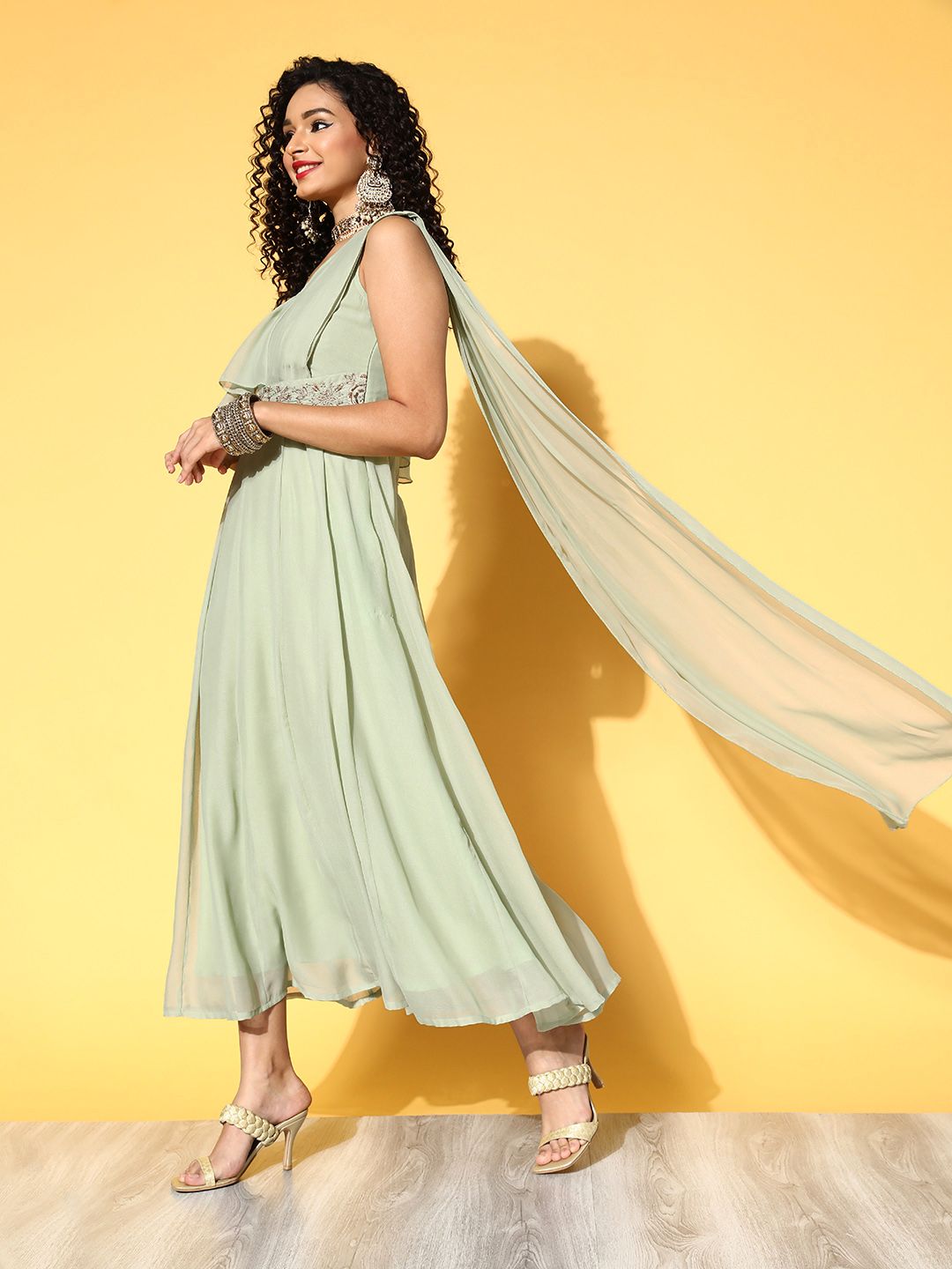 Shae by SASSAFRAS Green Ethnic Belted Maxi Dress