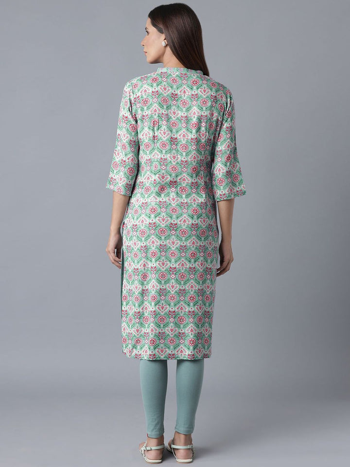 W Women Blue Geometric Checked Flared Sleeves Thread Work Kurta