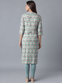 W Women Blue Geometric Checked Flared Sleeves Thread Work Kurta