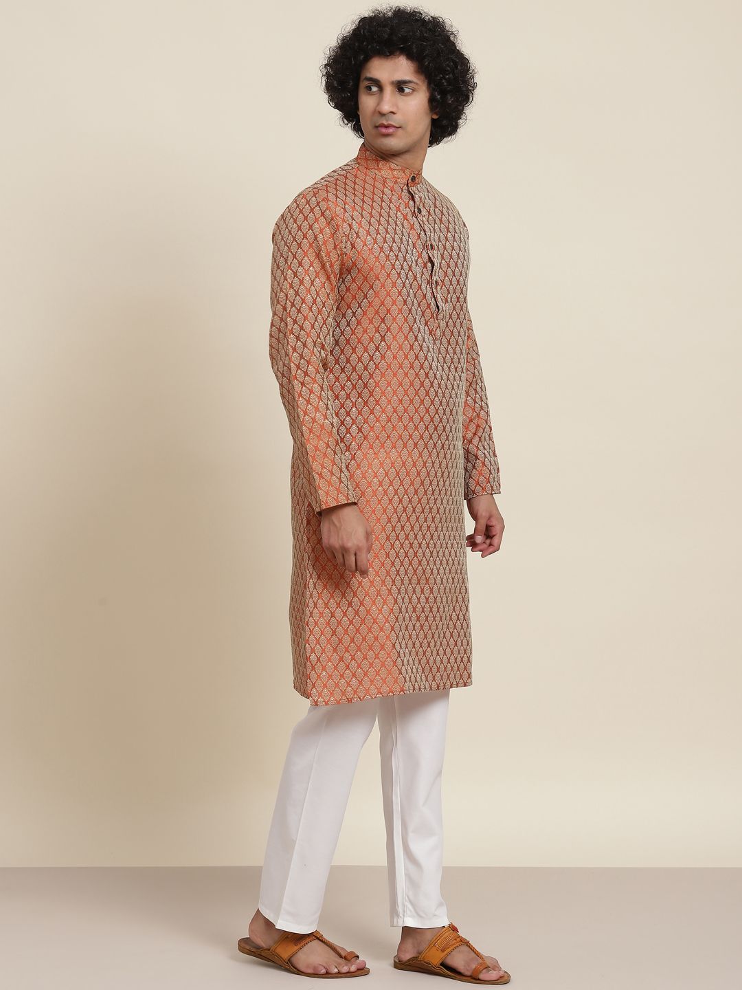 SOJANYA Men Orange Ethnic Motifs Kurta with Pyjamas & Nehru Jacket