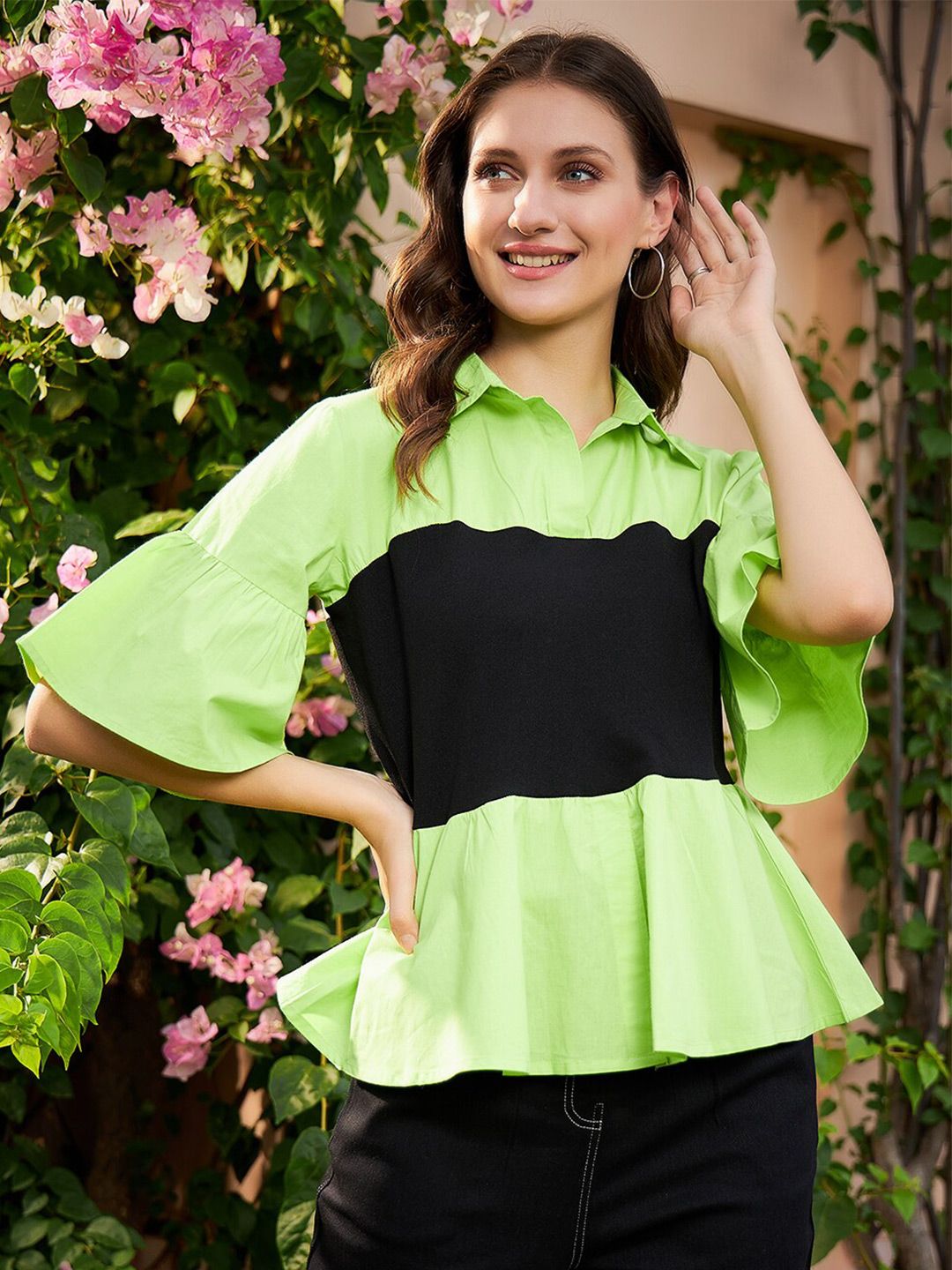 Athena Green & Black Colourblocked Pure Cotton Peplum Top