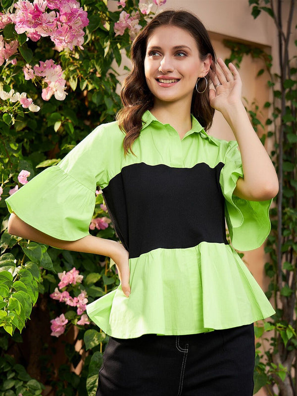Athena Green & Black Colourblocked Pure Cotton Peplum Top