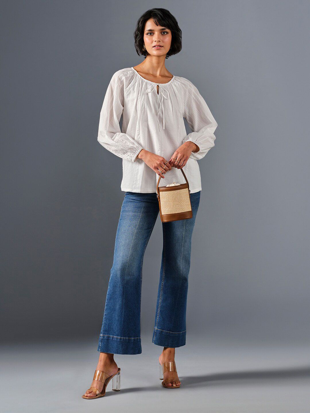 AND Tie-Up Neck Puff Sleeve Pure Cotton  A-Line Top