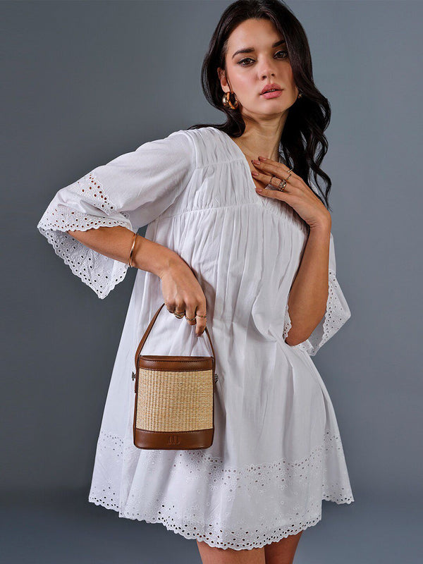 AND Striped V-Neck Bell Sleeve A-Line Dress