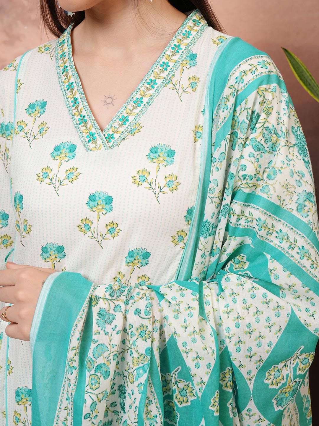 Vishudh Floral Printed Regular Pure Cotton Kurta with Salwar & Dupatta