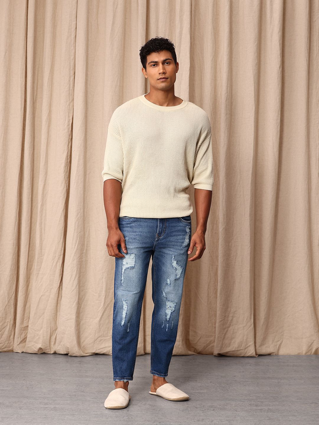 Mr Bowerbird Men Cropped Tapered Fit Mildly Distressed Heavy Fade Printed Jeans