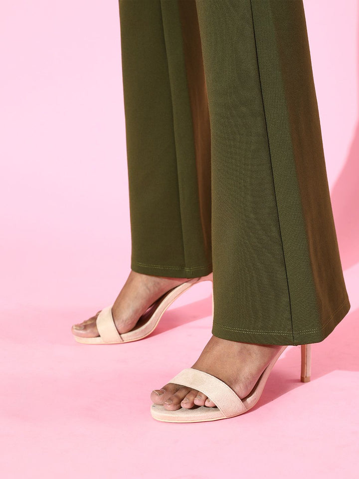 SASSAFRAS Women Olive Green High-Rise Graduated Flare Trousers