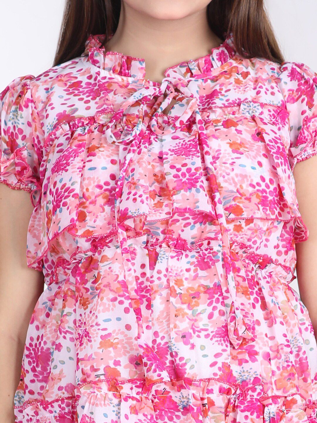 Cutiekins Girls Floral Printed Tiered Georgette A-Line Dress