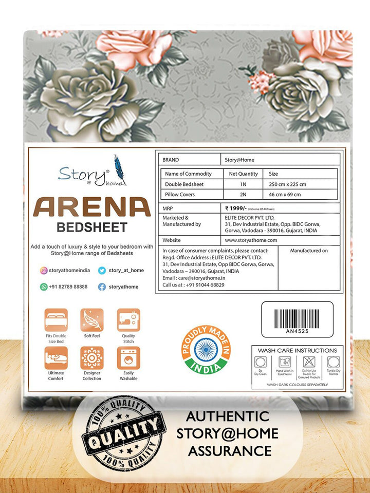 Story@home Grey & Orange Floral 180 TC Queen Bedsheet with 2 Pillow Covers