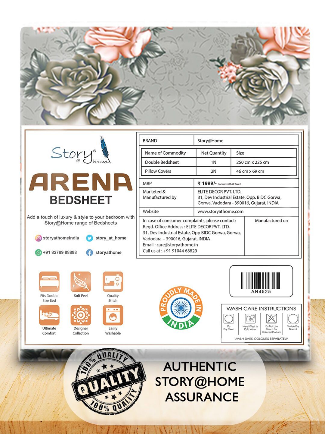 Story@home Grey & Orange Floral 180 TC Queen Bedsheet with 2 Pillow Covers