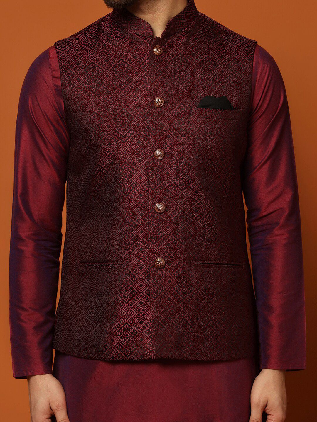 KISAH Mandarin Collar Regular Kurta with Churidar & Woven Design Nehru Jacket