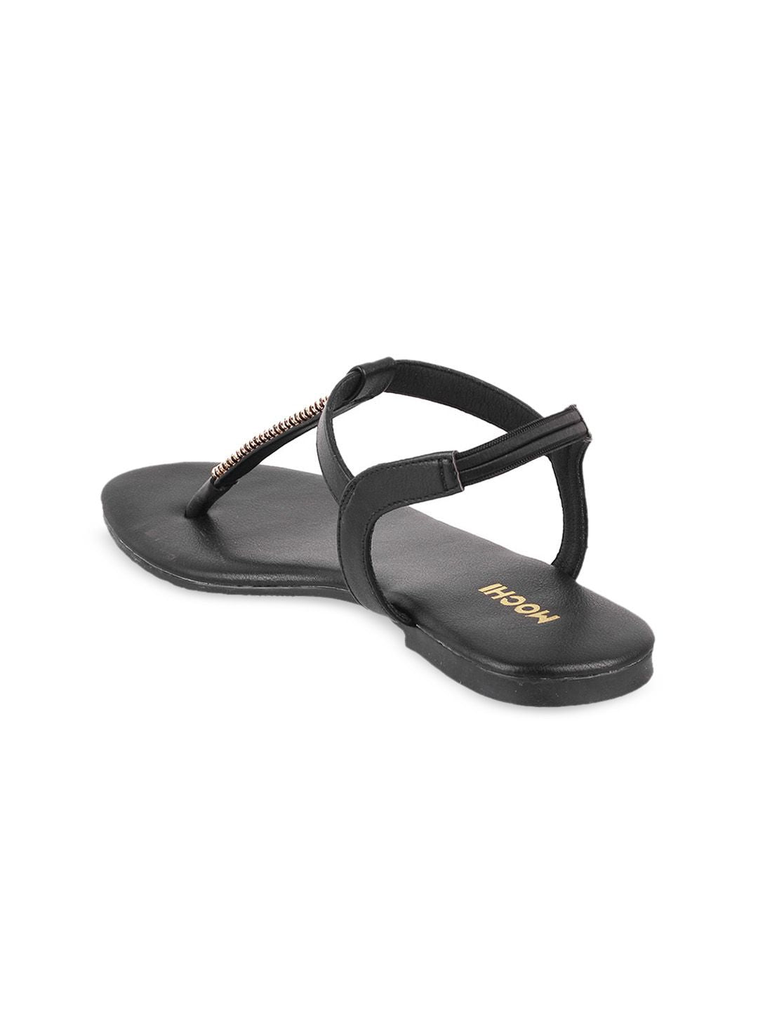 Mochi Women Black Embellished T-Strap Flats