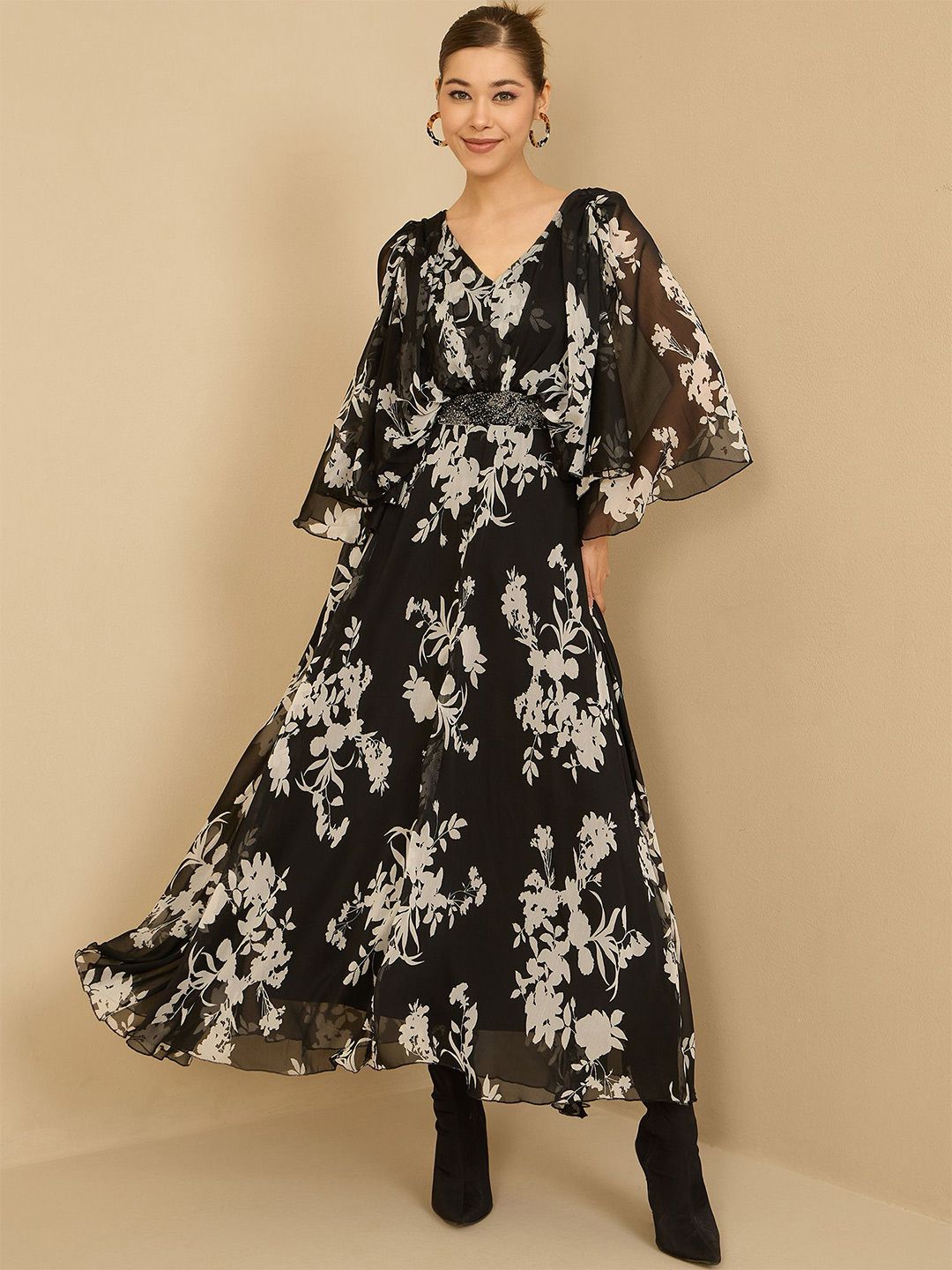 Antheaa Women Floral Printed Embellished Maxi Dress