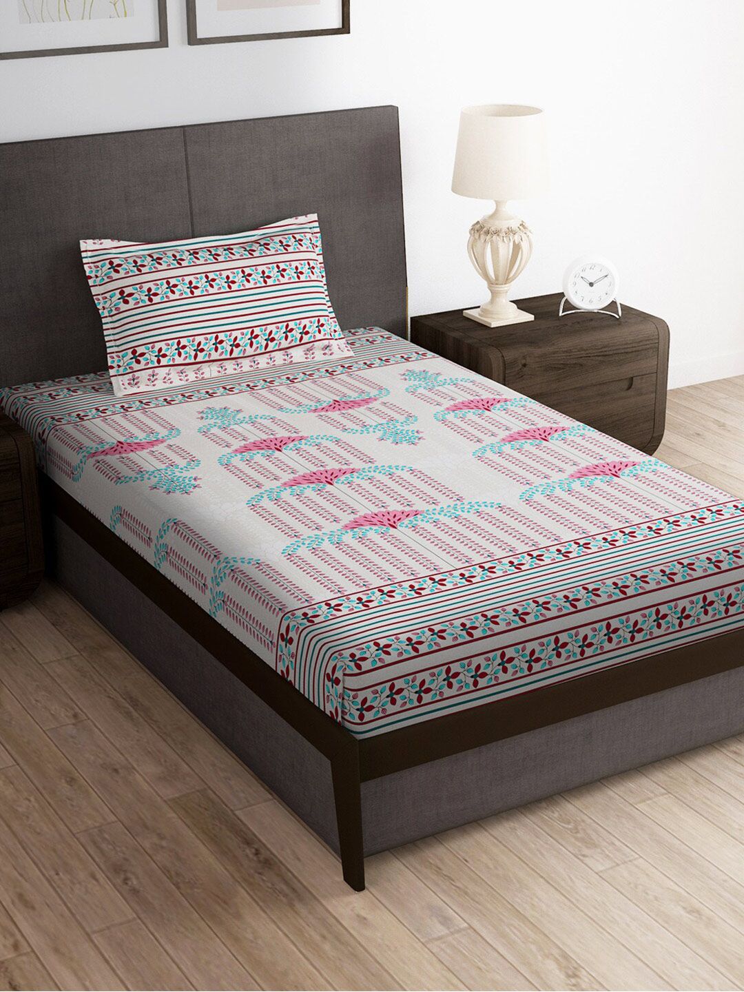 Story@home Grey & Pink Ethnic Motifs 180 TC Single Bedsheet with 1 Pillow Cover