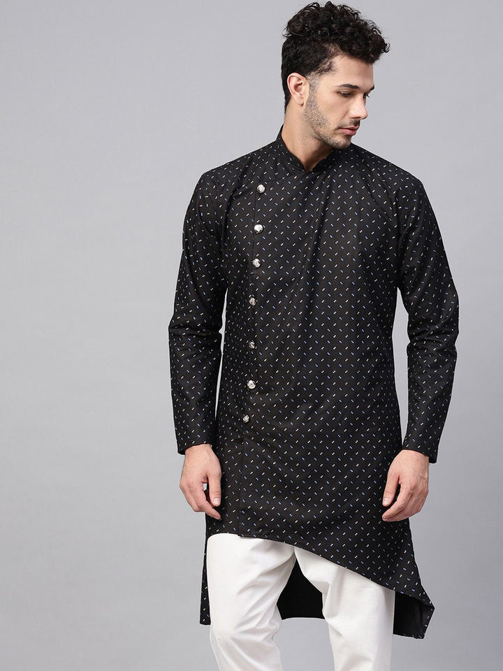 SOJANYA Men Black Printed Asymmetric Straight Kurta