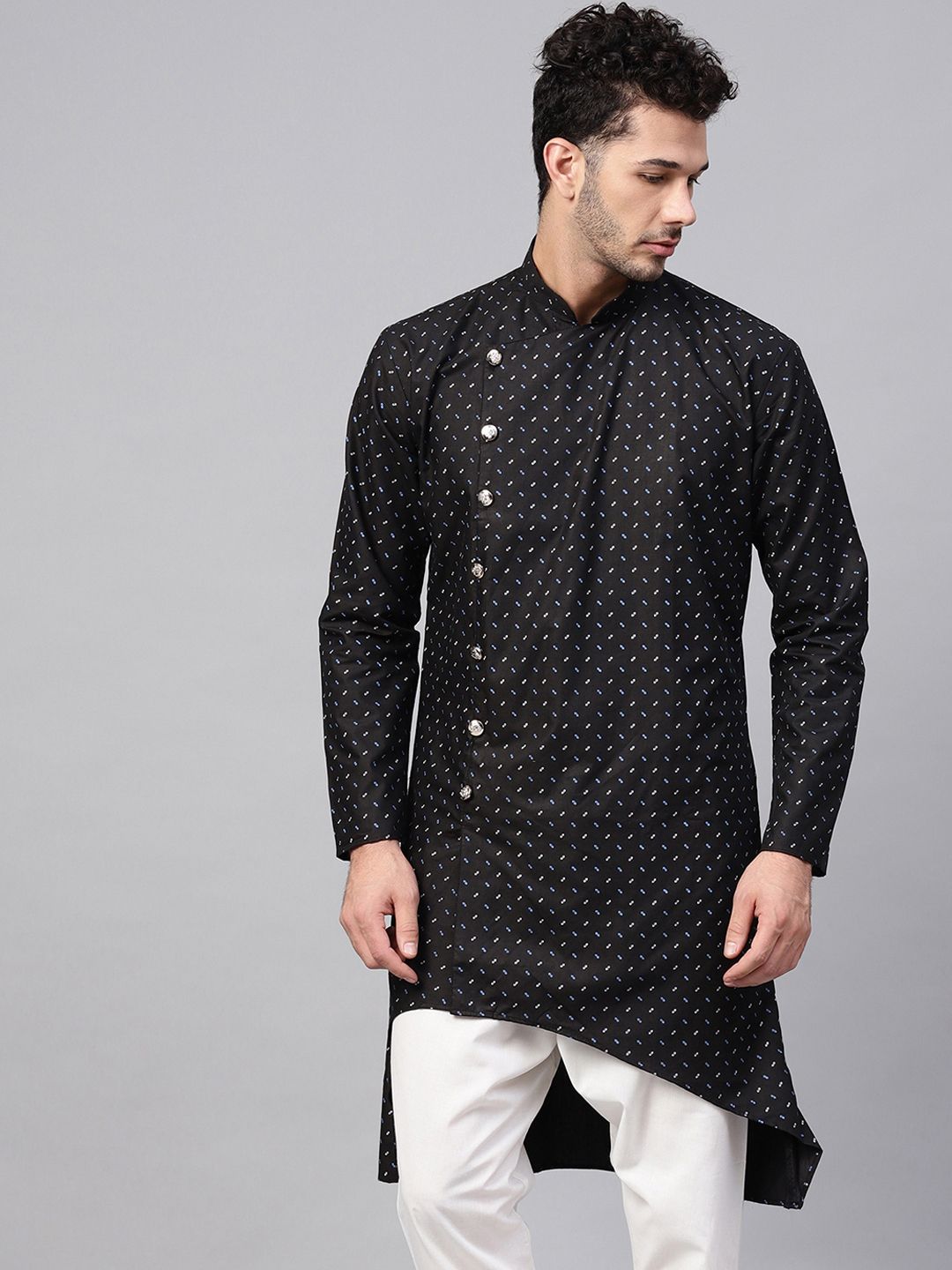 SOJANYA Men Black Printed Asymmetric Straight Kurta