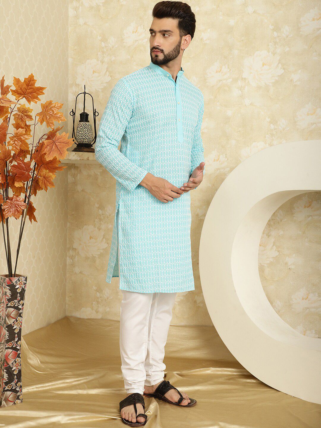 SOJANYA Floral Embroidered Pure Cotton Kurta with Churidar