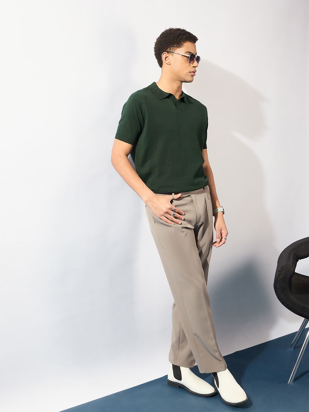 DENNISON Men Textured Polo Collar Knitted T-Shirt