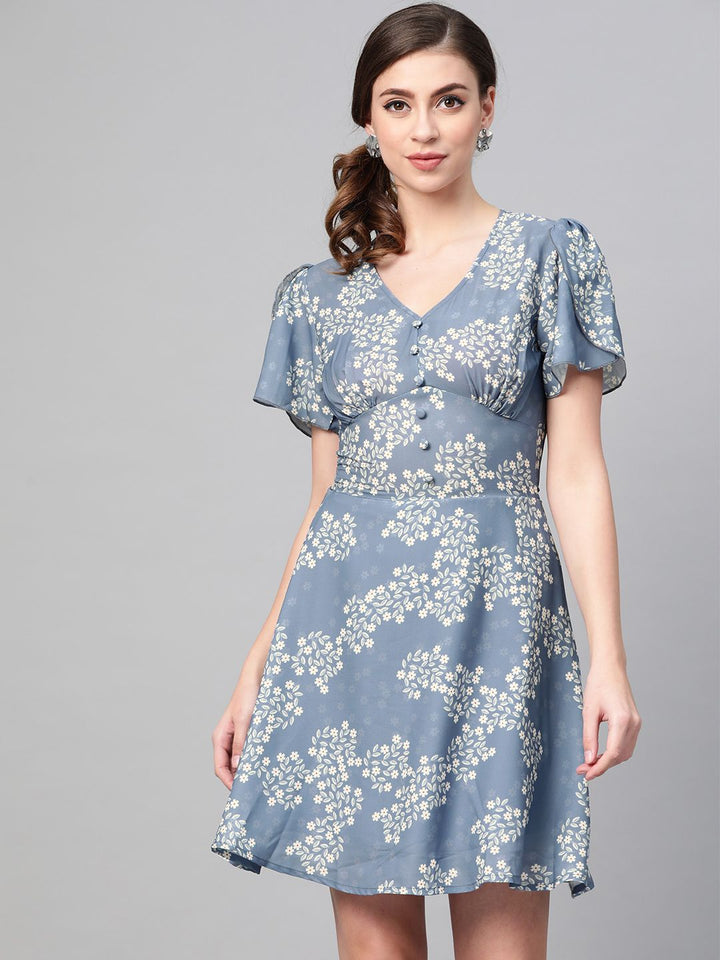 SASSAFRAS Blue & Off-White Floral Print Empire Dress