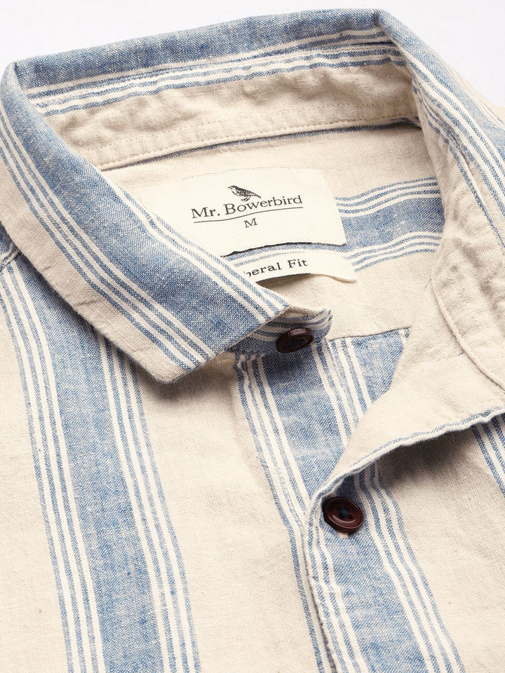 Mr Bowerbird Men Beige & Blue Striped Casual Shirt