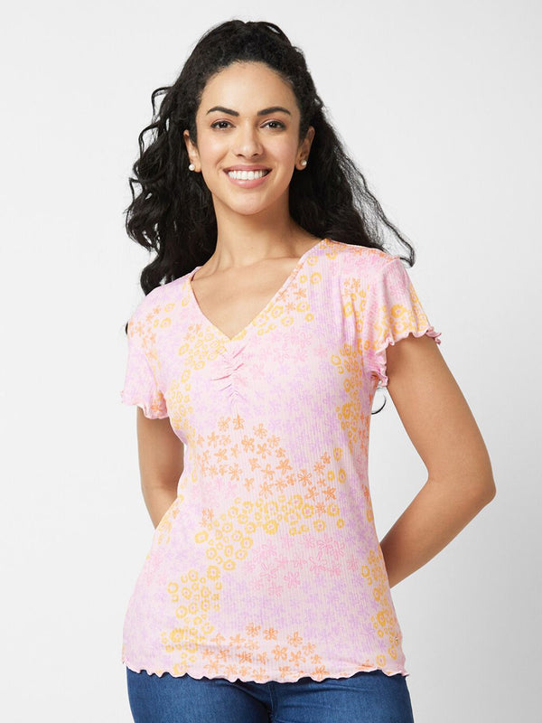 SPYKAR Floral Printed V-Neck Cotton Slim Fit T-shirt