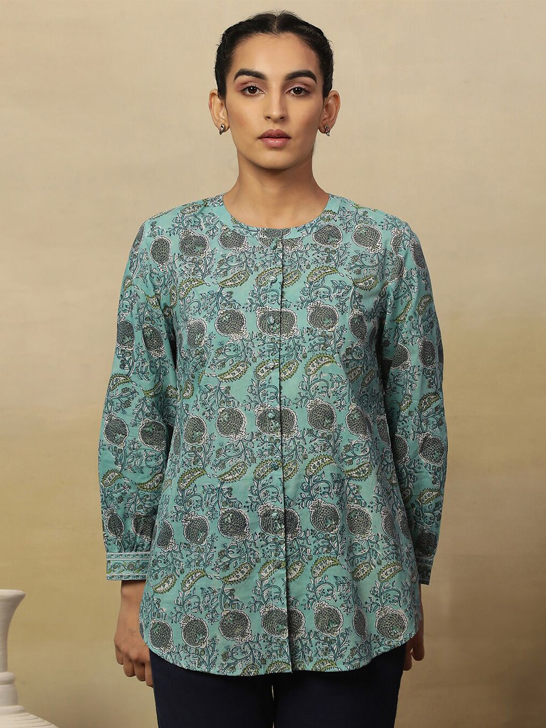 W Blue Floral Printed Mandarin Collar Shirt Style Cotton Top