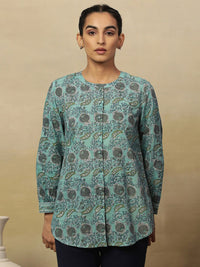 W Blue Floral Printed Mandarin Collar Shirt Style Cotton Top