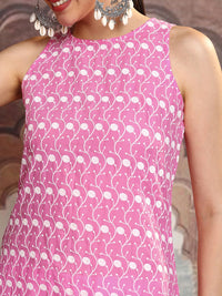 Vishudh Pink Floral Embroidered Round Neck Sleeveless Schiffli Work Straight Kurta