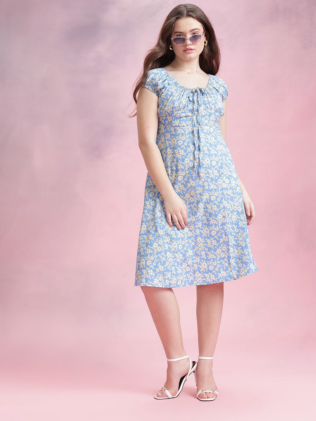 DressBerry Floral Print Gathered Detail Tie-Up Neck A-Line Dress with Side Slit