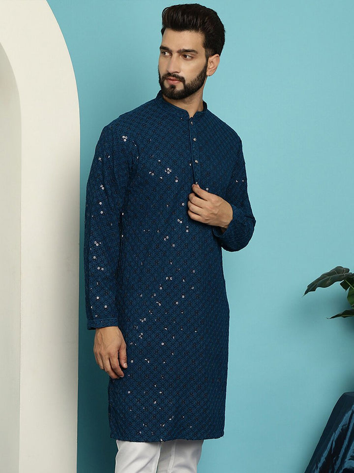 SOJANYA Embellished Pure Cotton Mandarin Collar Straight Kurta